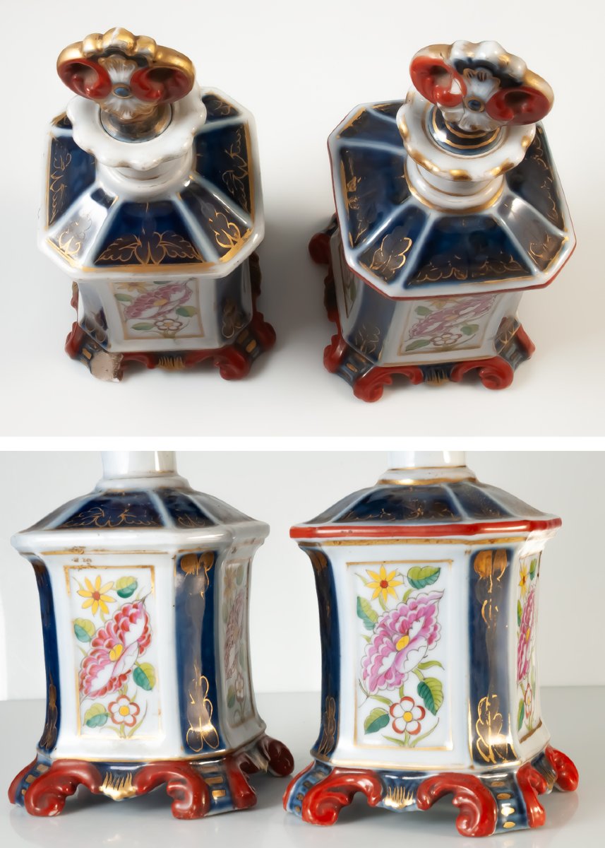 Two Large Perfume Bottles In Bayeux Porcelain With Imari Decoration-photo-2