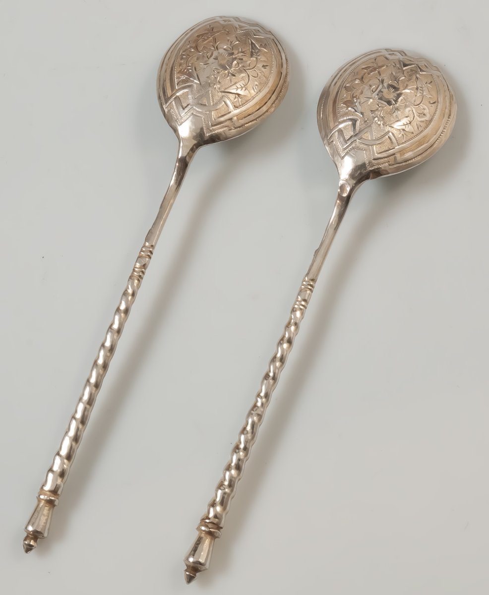 Two Engraved Russian Silver Caviar Spoons Hallmark 84-photo-3