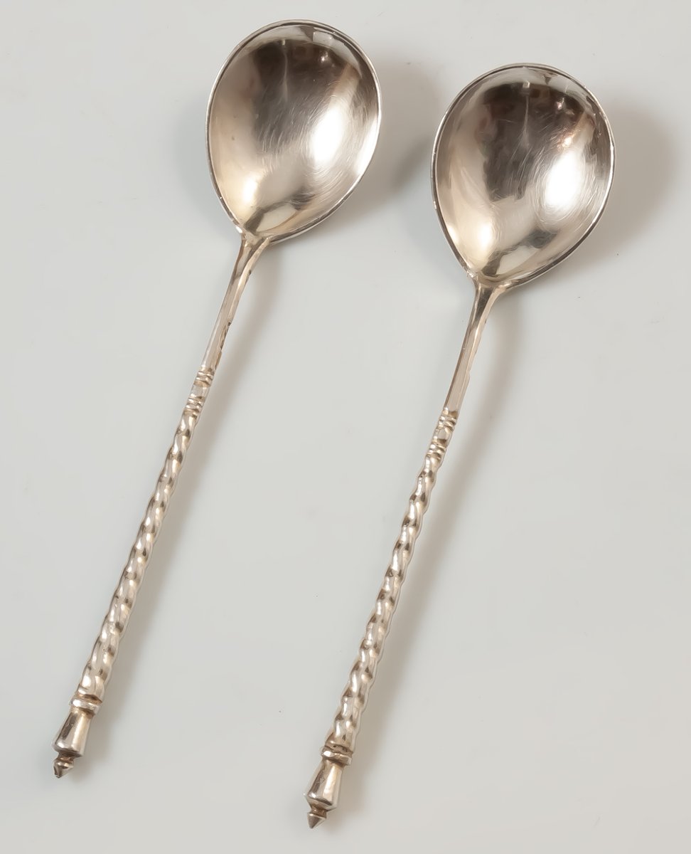 Two Engraved Russian Silver Caviar Spoons Hallmark 84-photo-2