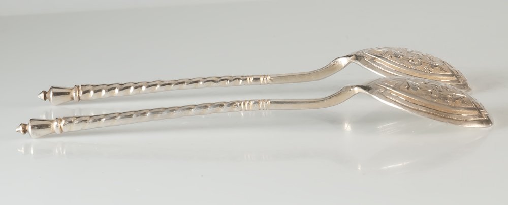 Two Engraved Russian Silver Caviar Spoons Hallmark 84-photo-3