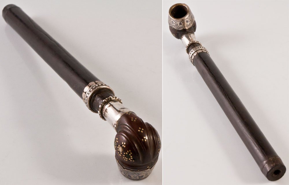 Opium Pipe In Studded Wood And Silver South Asia Afghanistan Or Armenia-photo-4