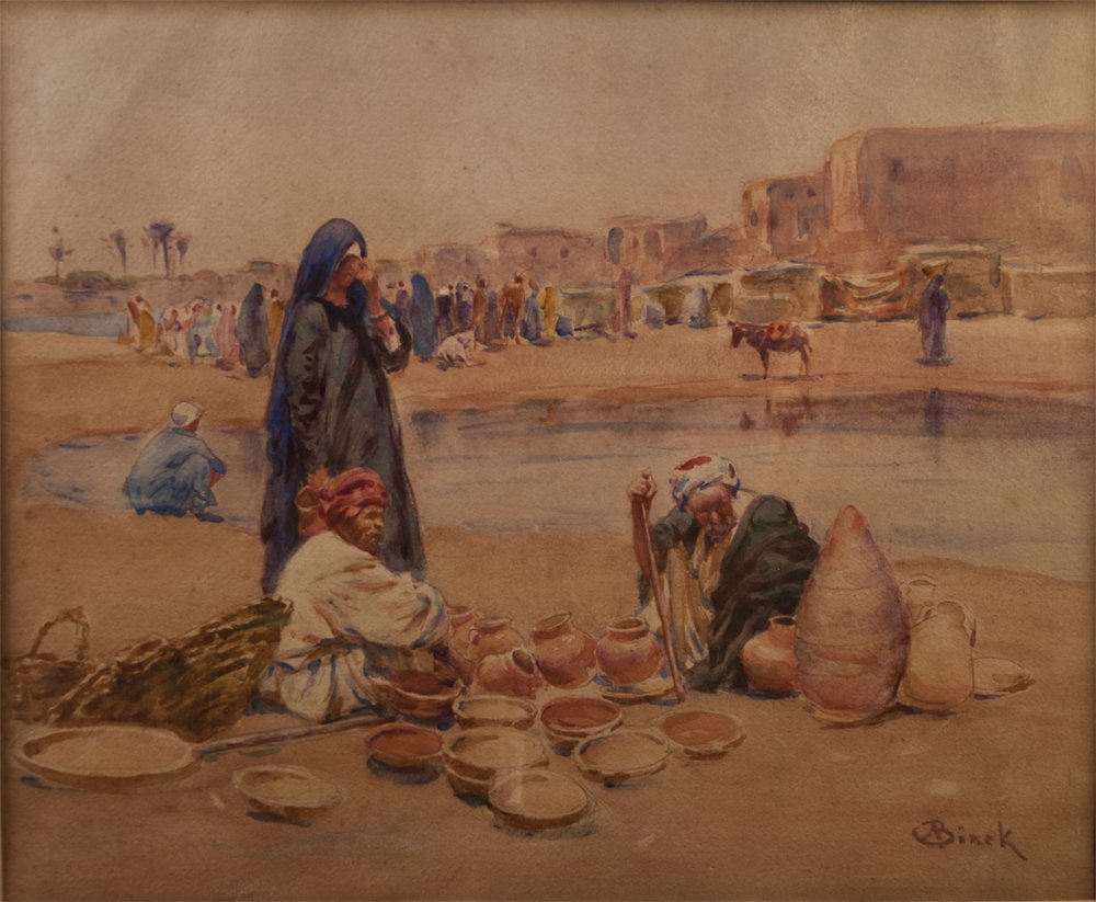 Alphonse Birck (1859-1942): Orientalist Watercolor Pottery Market-photo-2