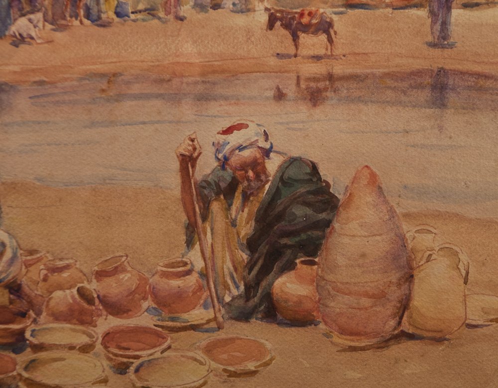 Alphonse Birck (1859-1942): Orientalist Watercolor Pottery Market-photo-4