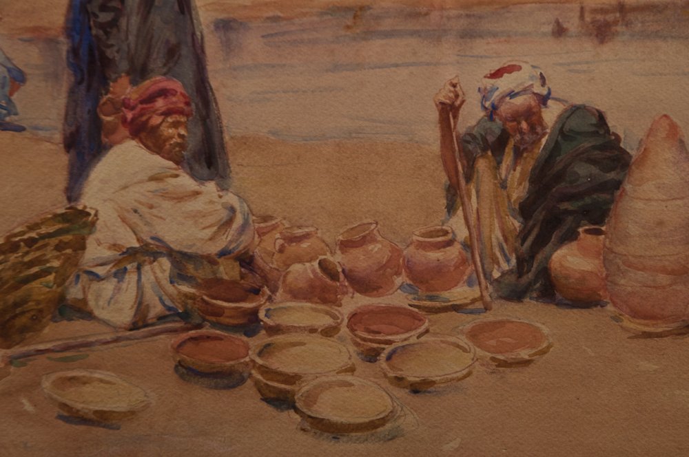 Alphonse Birck (1859-1942): Orientalist Watercolor Pottery Market-photo-1