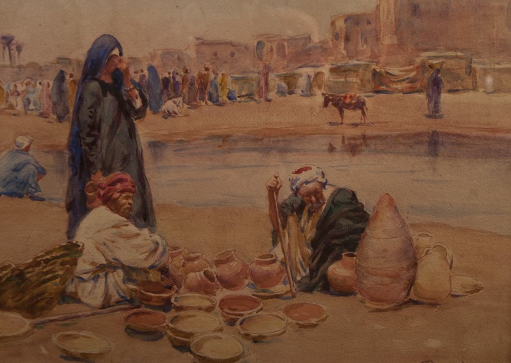 Alphonse Birck (1859-1942): Orientalist Watercolor Pottery Market-photo-3