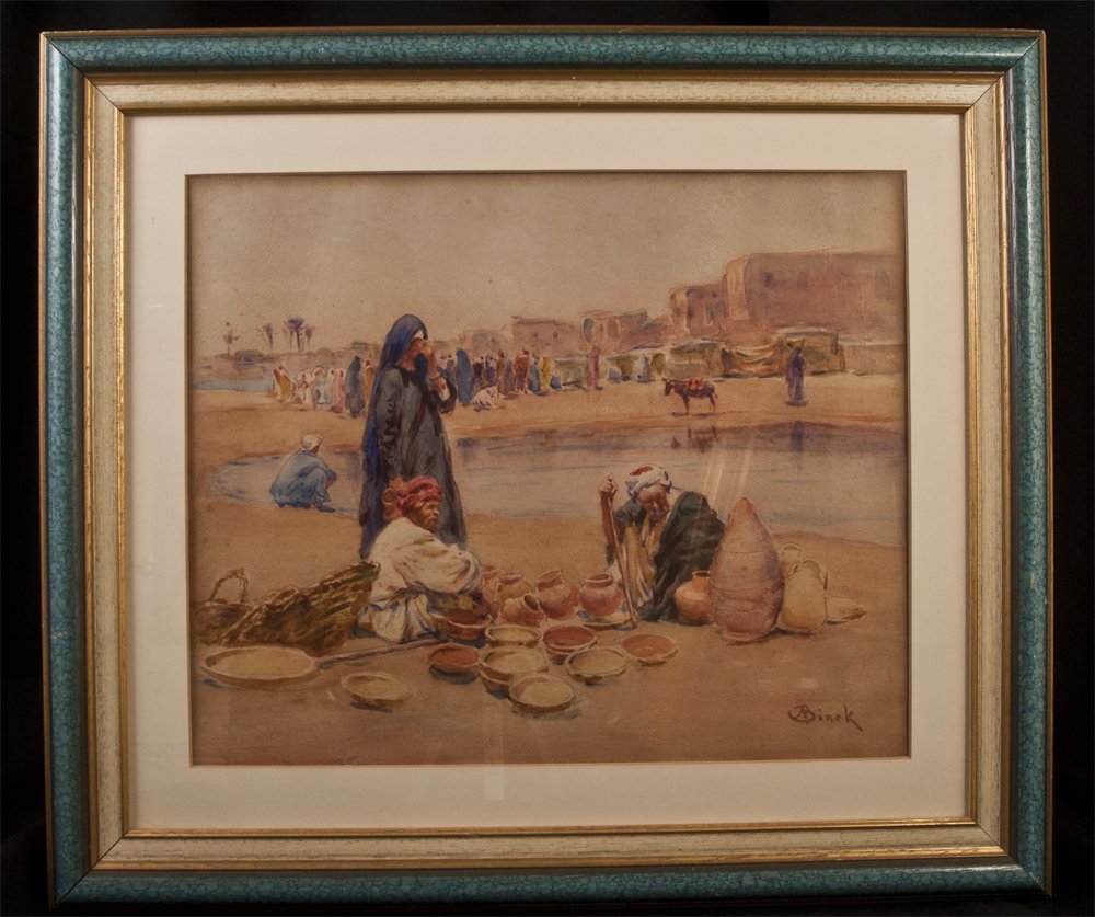 Alphonse Birck (1859-1942): Orientalist Watercolor Pottery Market