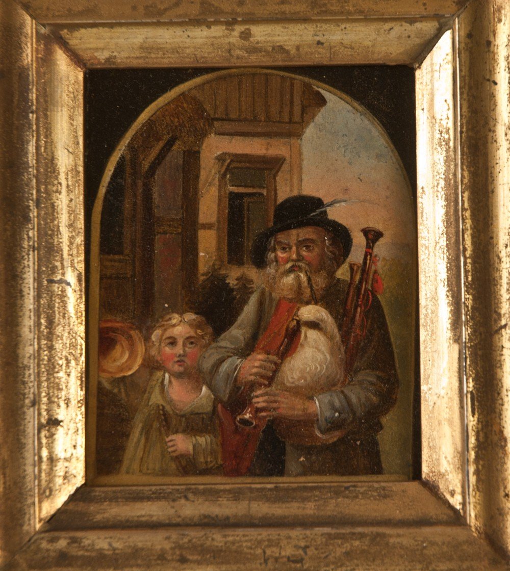 Le Joueur De Cornemuse et l'enfant, Huile Sur Métal-photo-2