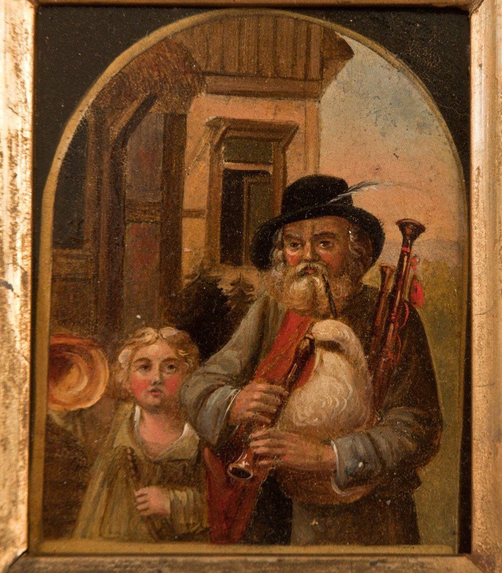 Le Joueur De Cornemuse et l'enfant, Huile Sur Métal-photo-3