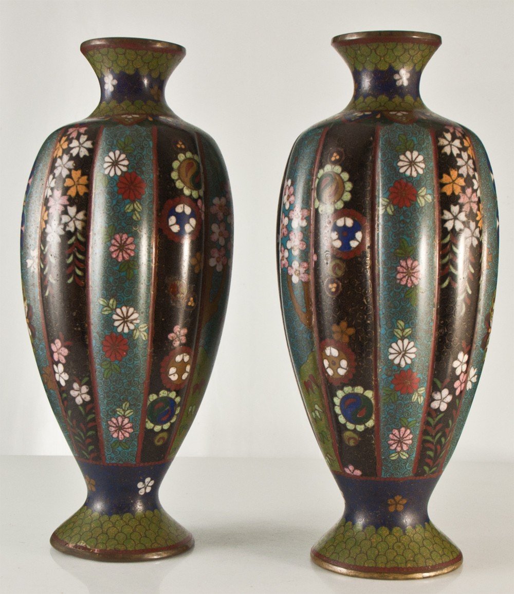 Pair Of Cloisonne Enamel Vases Japan Nineteenth Signed-photo-3