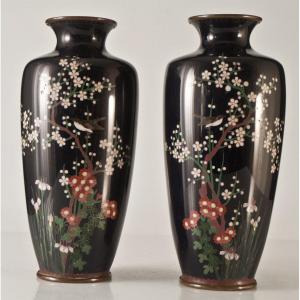 Paire De Vases En émail Cloisonné Asiatique Japon Art Nouveau