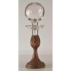 Oil Lamp In Glass And Carved Wood