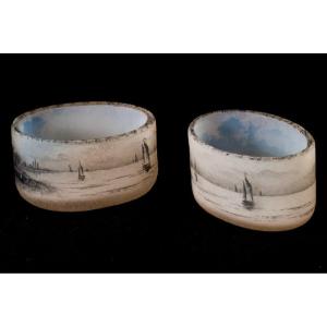 Daum Nancy Pair Of Salt Cellars With Lake Decor