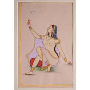 Miniature érotique Indienne / Inde Femme Nue  Oiseau 2