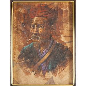 Chinois Fumeur De Tabac Peinture Sur Feuilles / Chine Indochine Vietnam Foy