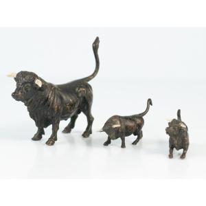 Three 19th Century Viena Bronze Combat Bulls