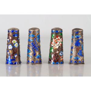 4 Chinese Enameled Silver Thimbles