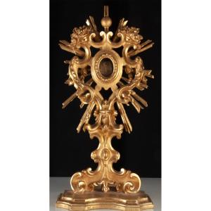 Reliquaire à Main / Monstrance En Bois Doré XVIIIème Ex Velo B.m.v.