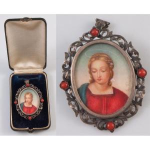 Pendentif italien argent corail portrait de sainte