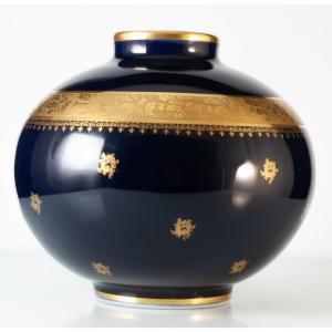 Limoges Fontanille Marraud Oven Blue Vase With Gold Inlay