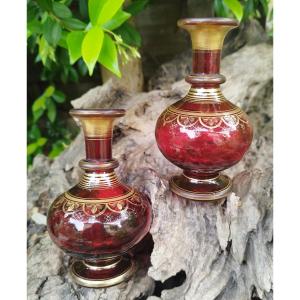 Two Red Crystal Bottles / Vases