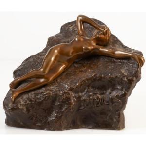 Ernest Wante (1872-1960) Biblis Young Nude Woman On A Rock / Bronze