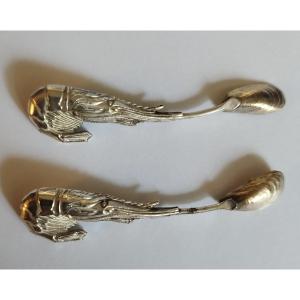 Two Silver Spoons Shaped Like A Lobster And A Seashell 