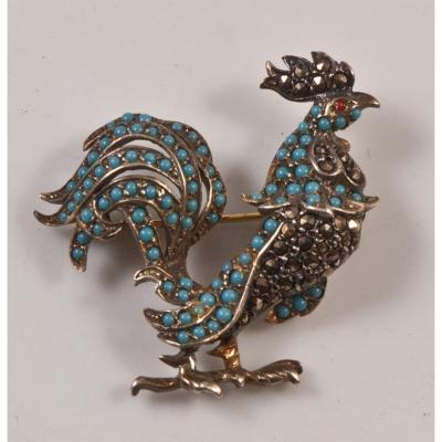 Broche Au Coq Argent massif Vermeillé turquoises