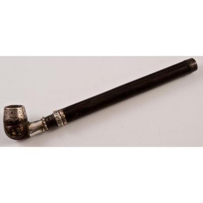 Opium Pipe In Studded Wood And Silver South Asia Afghanistan Or Armenia