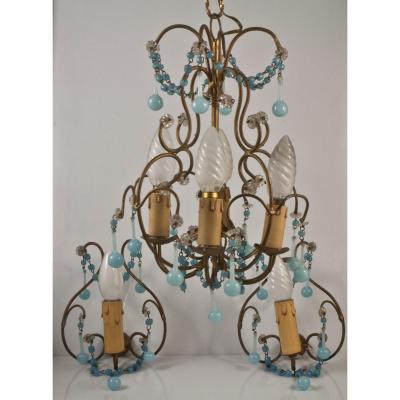 Chandelier + 2 Sconces With Blue Opaline Drops Tassels 1950