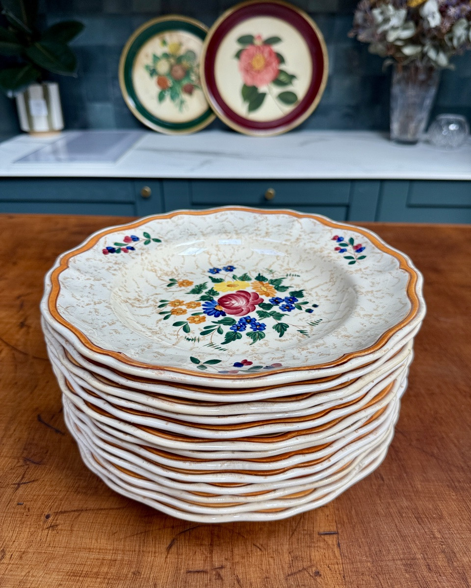 Longchamp Earthenware Service, Hand-painted Mistral Decor, 70 Pieces-photo-2