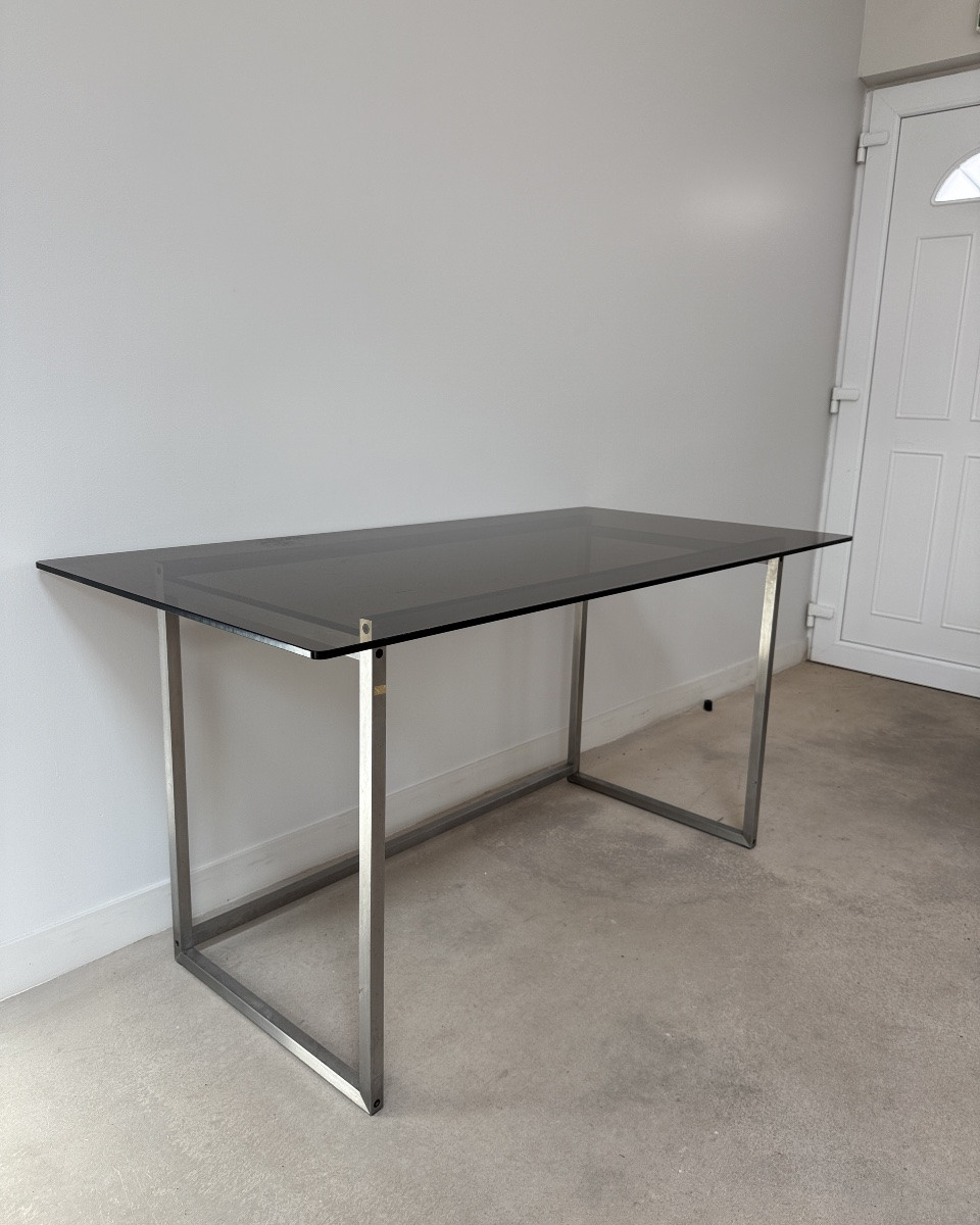 70s Metal And Smoked Glass Desk-photo-3