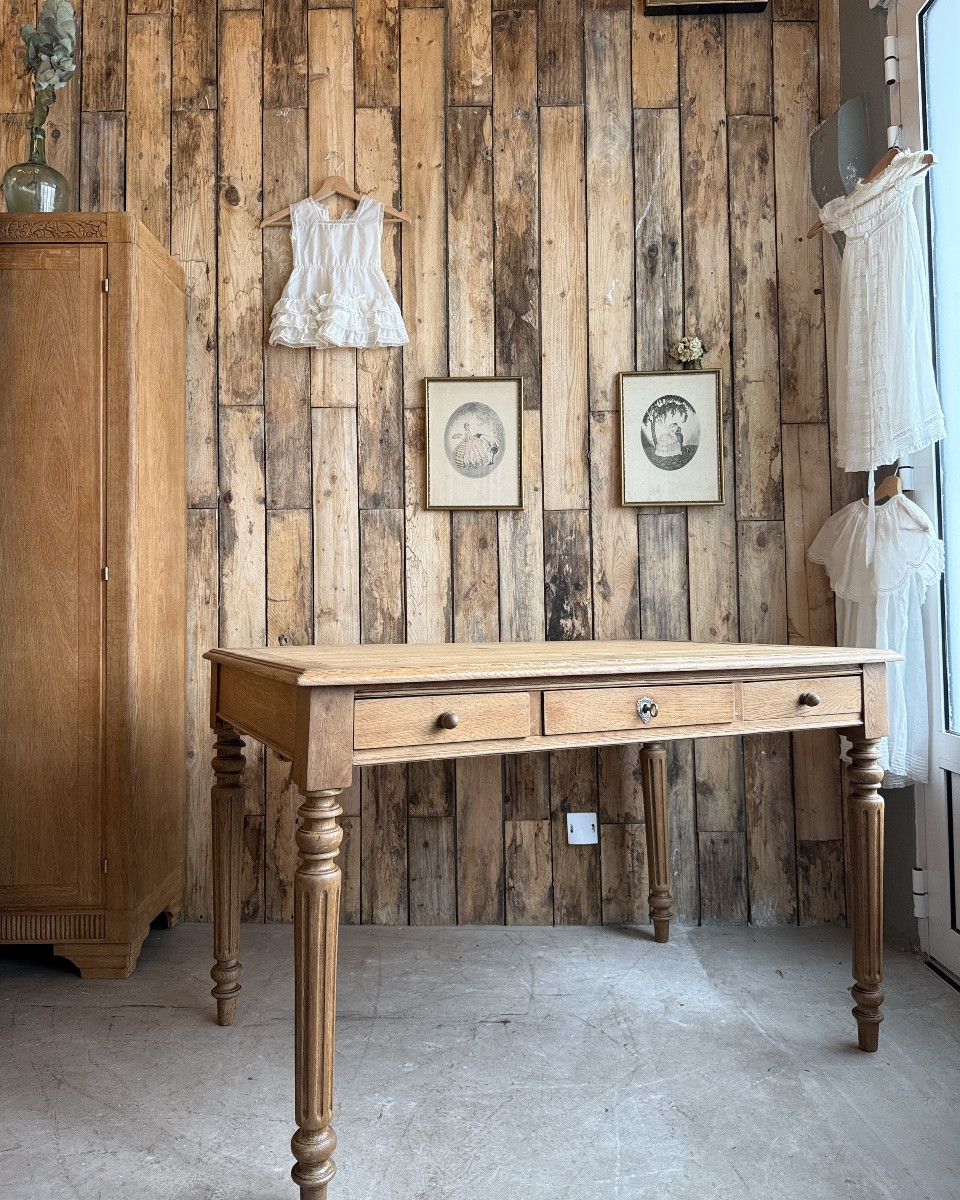 Large Desk With Turned Legs In Solid Oak (renovated)-photo-2