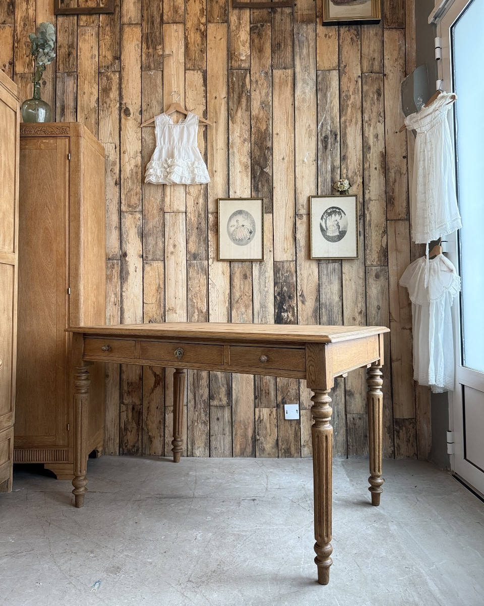 Large Desk With Turned Legs In Solid Oak (renovated)-photo-3