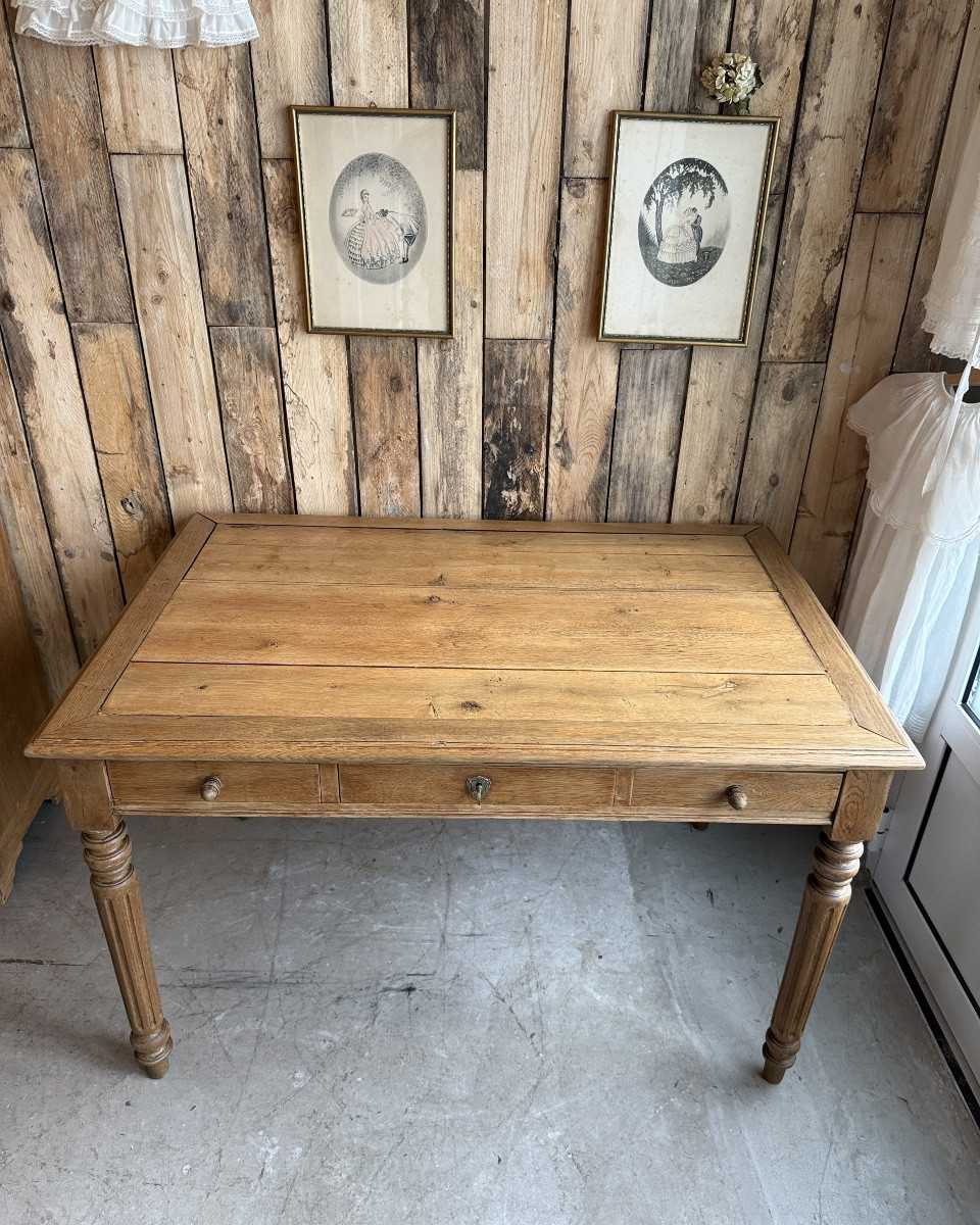 Large Desk With Turned Legs In Solid Oak (renovated)-photo-4