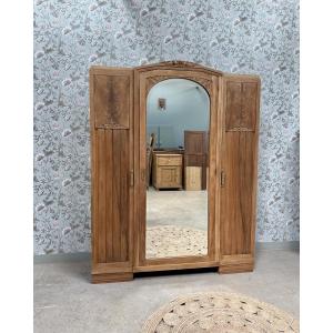 Large Art Deco 3-door Wardrobe In Walnut And Oak