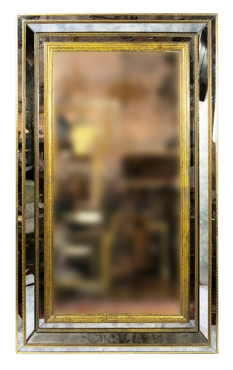 Grand Miroir Mural Vintage En Laiton Sur Bois