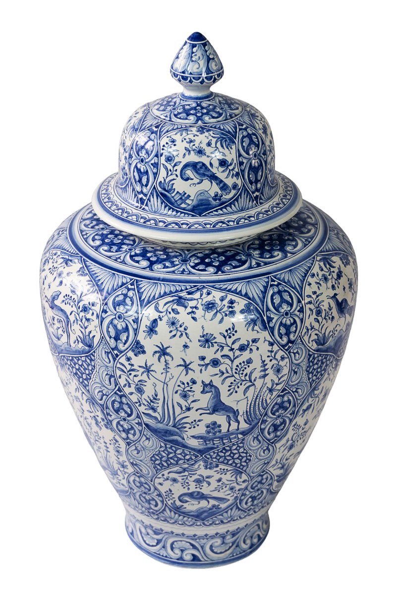 Very Large Hand Painted Portuguese Ceramic Lidded Vase/urn-photo-2