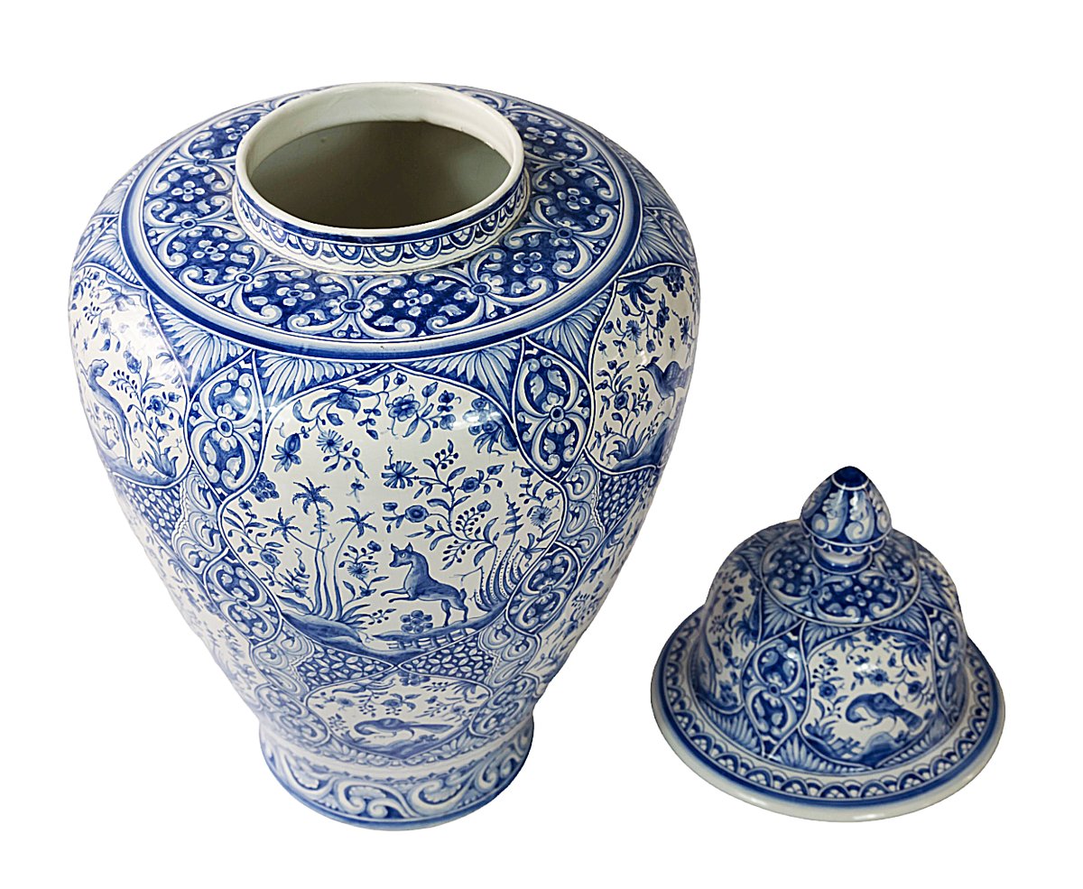 Very Large Hand Painted Portuguese Ceramic Lidded Vase/urn-photo-2