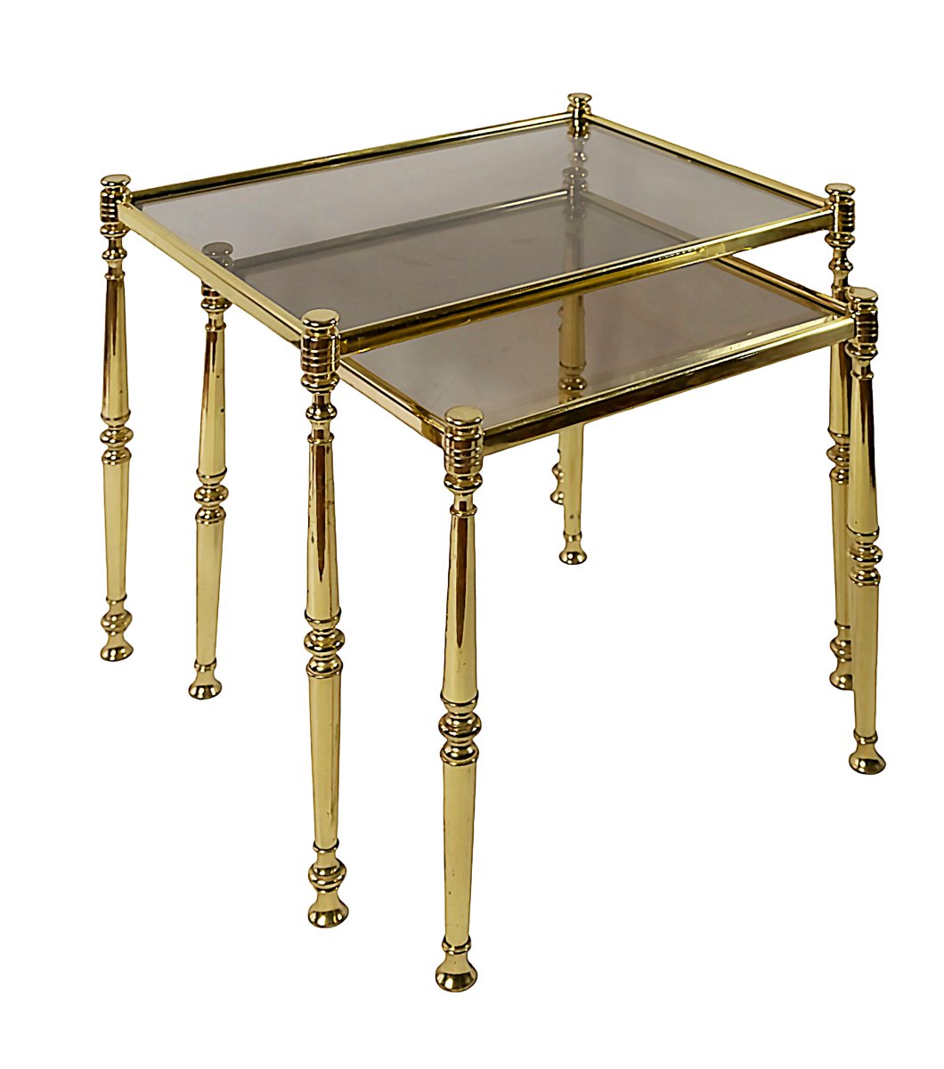 Ensemble de 2 tables d'appoint/gigognes/empilables en laiton et verre du milieu du siècle-photo-2