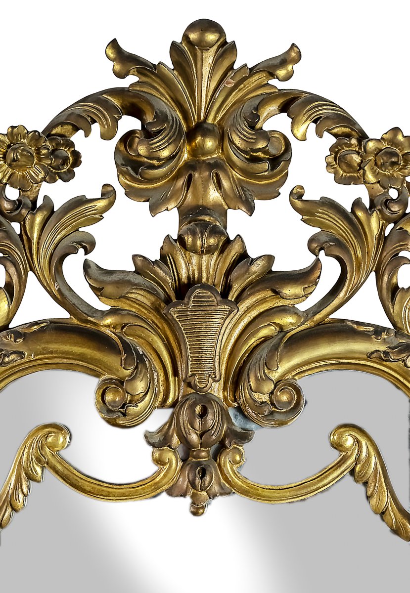 Large Antique Spanish Hand Carved Giltwood Wall Mirror-photo-3