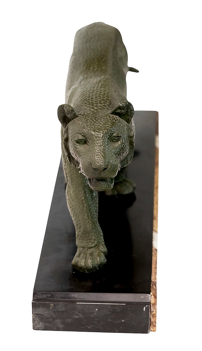 French Art Deco Metal And Marble Panther Sculpture By Rulas-photo-2