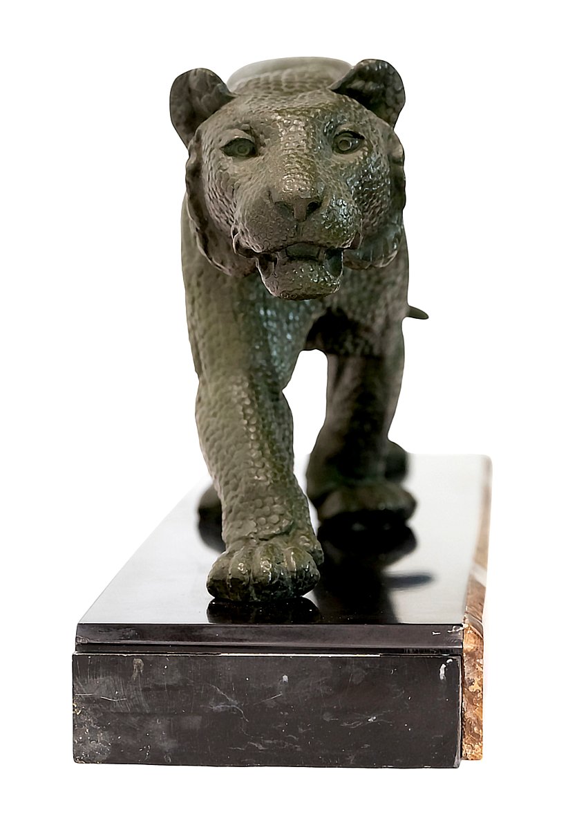 French Art Deco Metal And Marble Panther Sculpture By Rulas-photo-3