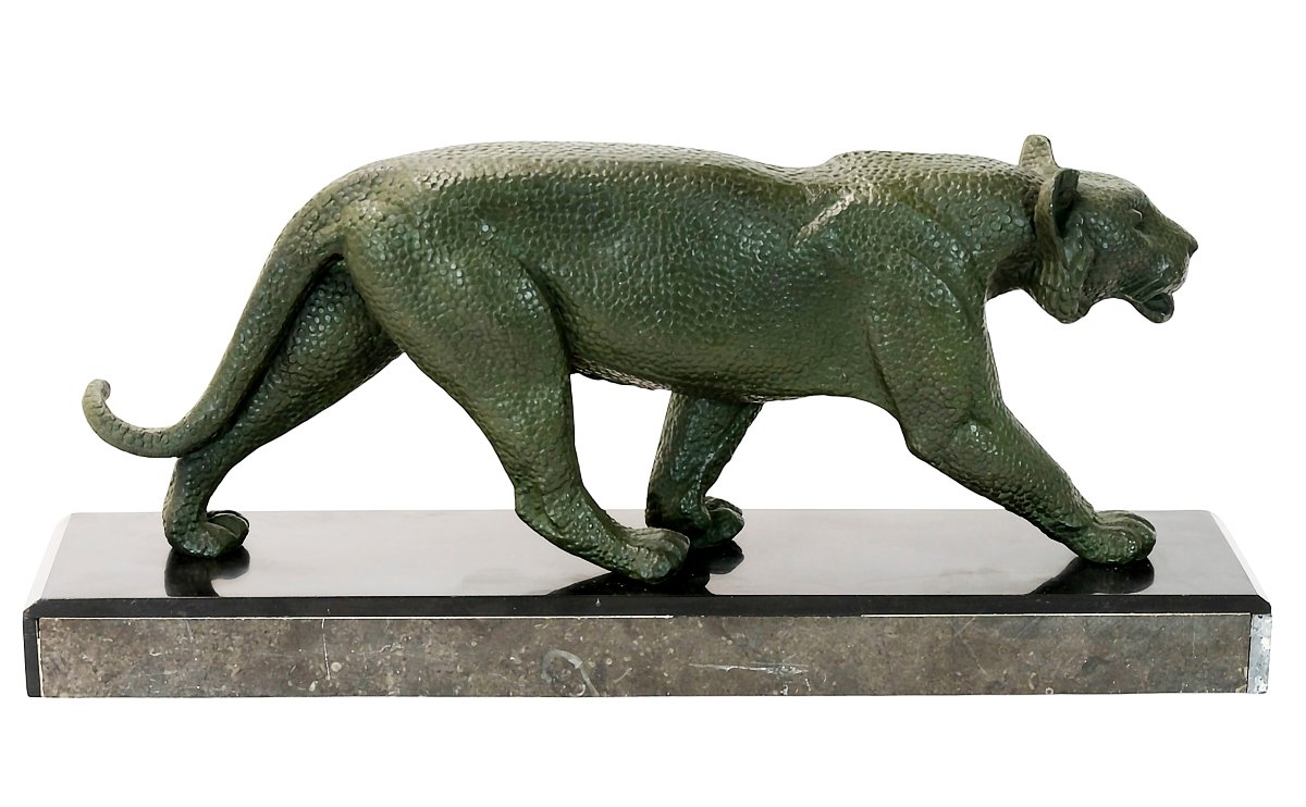 French Art Deco Metal And Marble Panther Sculpture By Rulas-photo-4