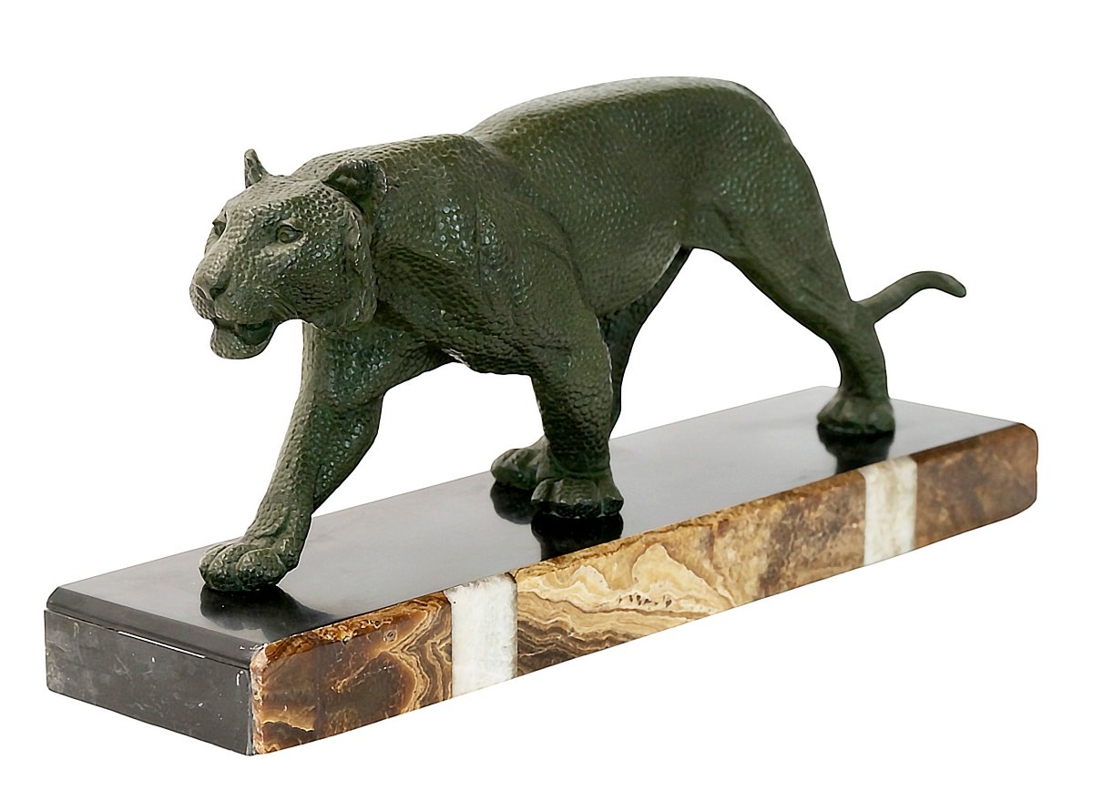 French Art Deco Metal And Marble Panther Sculpture By Rulas-photo-3