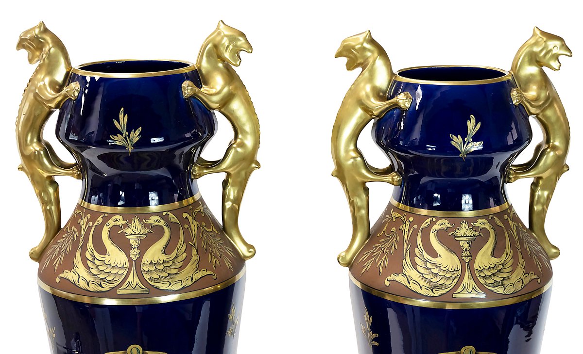 Pair Of Large Cobalt Blue French Porcelain Vases By Maurice Pinon-photo-1