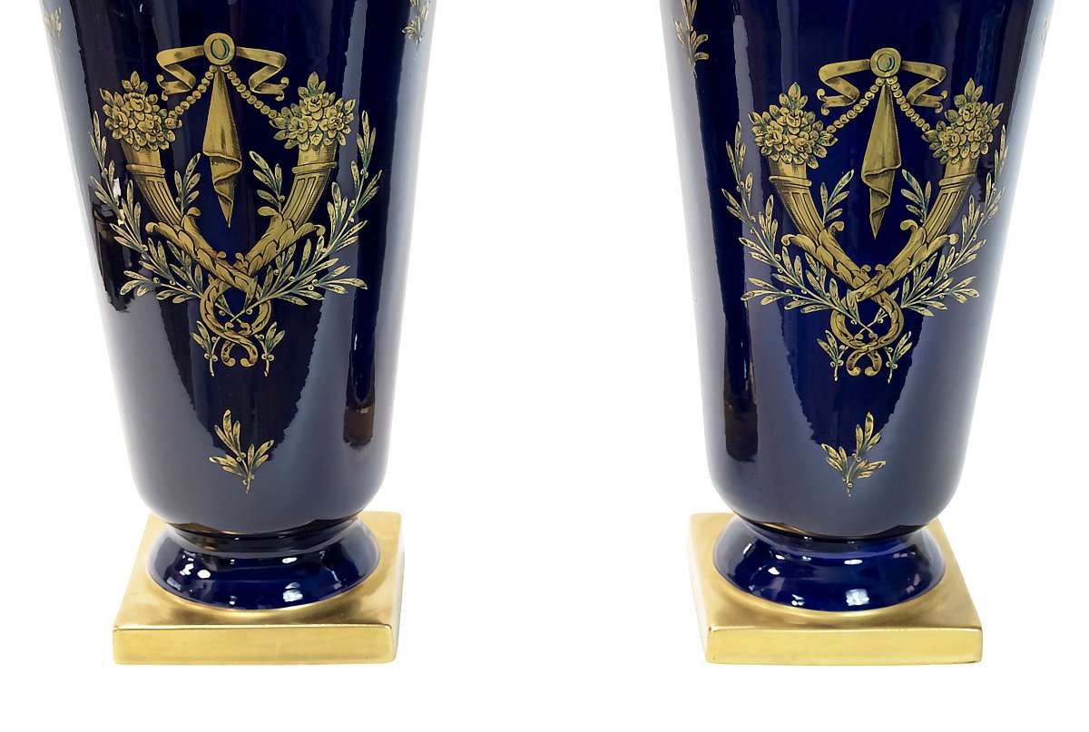 Pair Of Large Cobalt Blue French Porcelain Vases By Maurice Pinon-photo-2