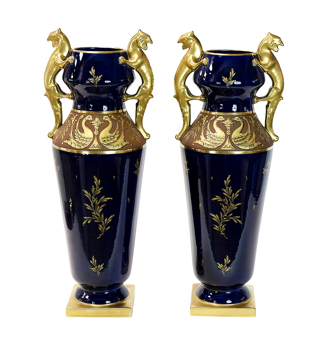 Pair Of Large Cobalt Blue French Porcelain Vases By Maurice Pinon-photo-3