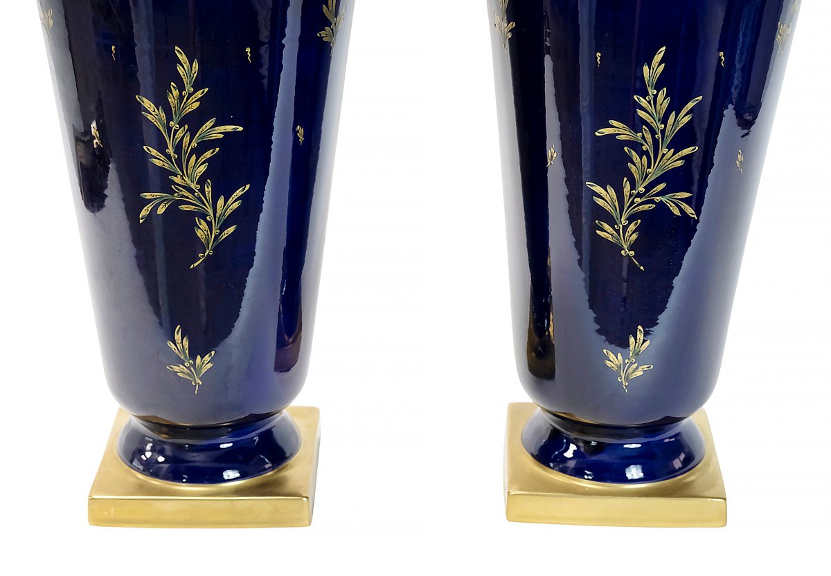 Pair Of Large Cobalt Blue French Porcelain Vases By Maurice Pinon-photo-4