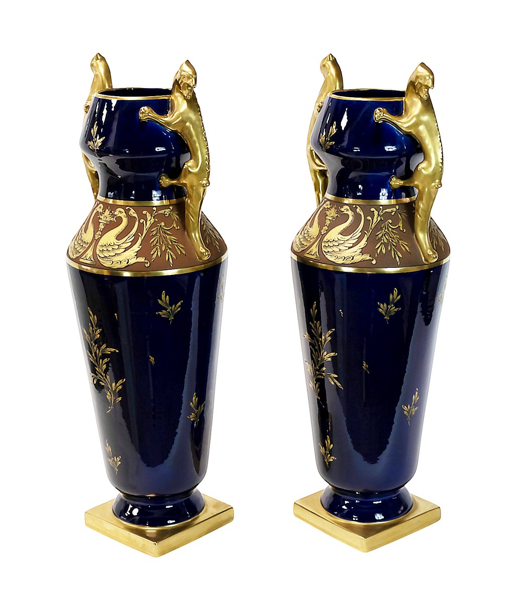 Pair Of Large Cobalt Blue French Porcelain Vases By Maurice Pinon-photo-5