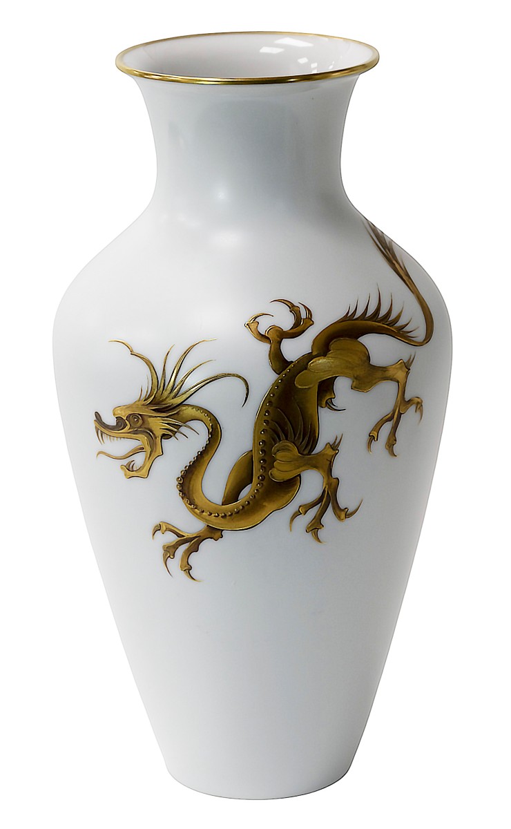 Vintage German Heinrich Porcelain Vase, Handmade, Golden Dragon Motif
